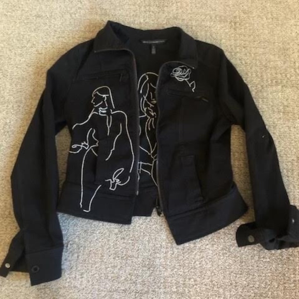 White House Black Market 4 Jacket Black White Embroidered Womens Coat Goth Punk